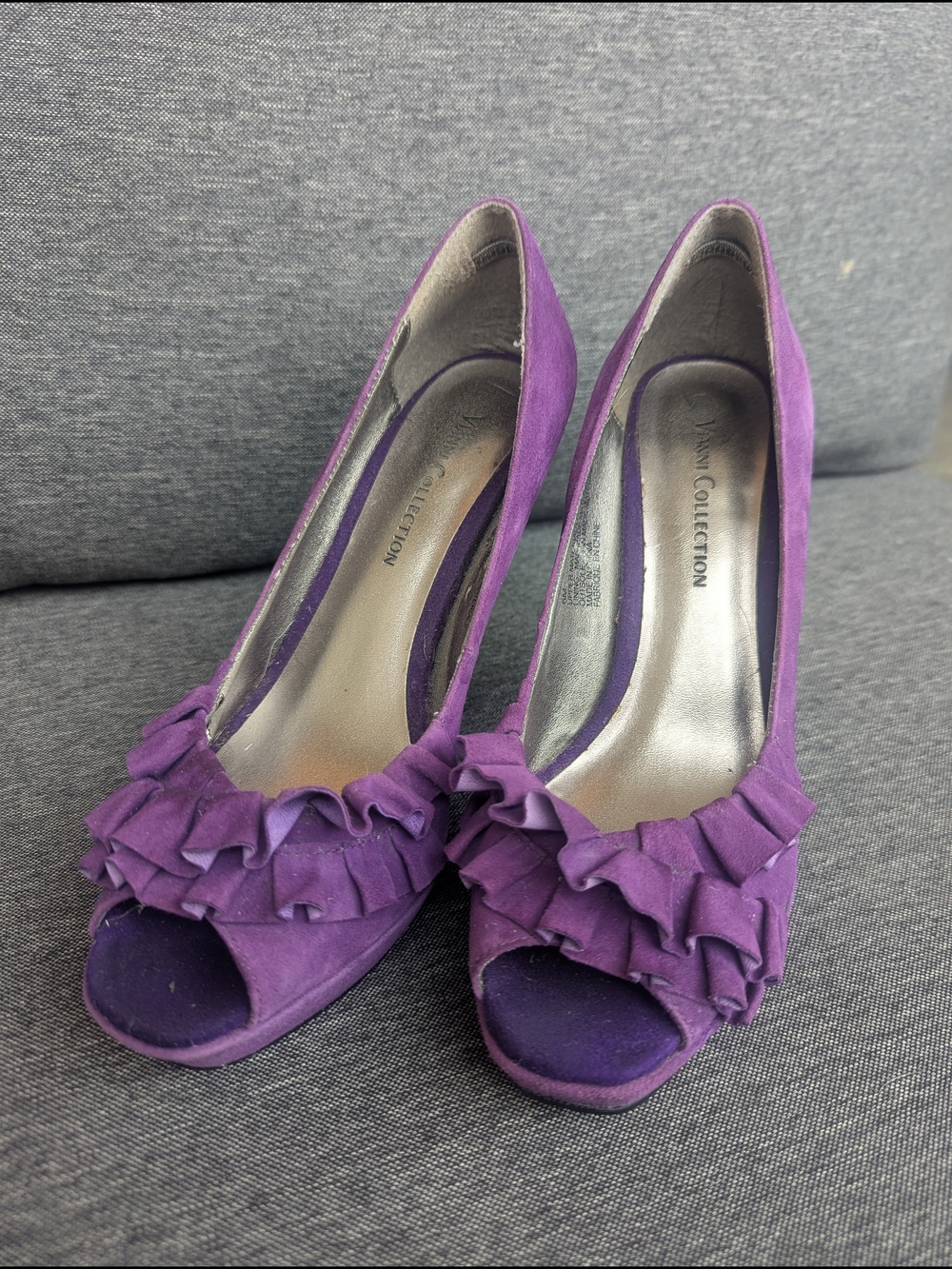 Purple Leather Ruffled Peep-Toe Pumps